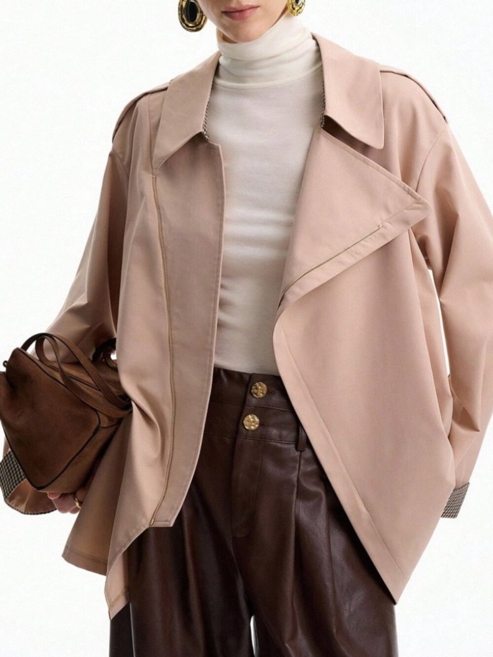 Tan Oversized Trench Coat Jacket with Zip Front Detail